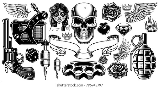 Set of tattoo art. Black and white tattoo design elements, isolated on white background.