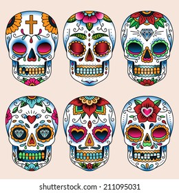 Set of tattoo art skulls in mexican style for design and decoration