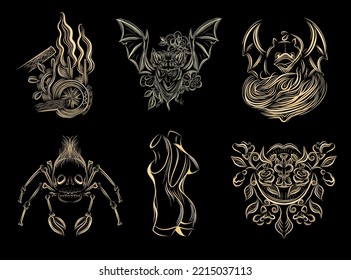 Set Of Tattoo Design Elements. Female Torso, Spider, Roses And Bat. Tattoo