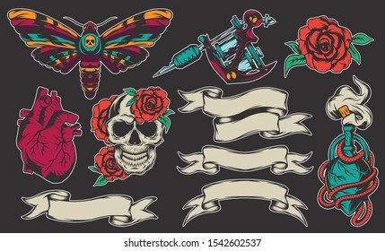 Set of tattoo design elements - skull, roses, butterfly, tattoo machine, ribbons, heart and elexir