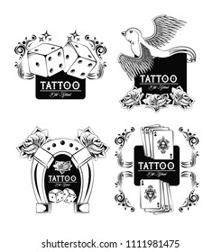 Set of tattoo design emblems in black and white