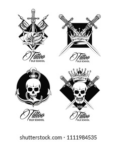 Set of tattoo design emblems in black and white