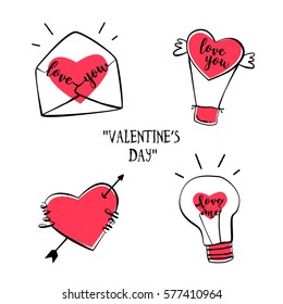 Set of tattoo emblems for Valentine's day. Hand-drawn balloon, heart, envelope and lamp. Vector.