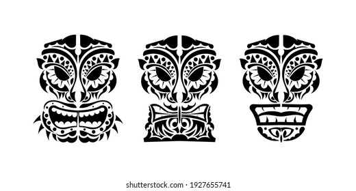 Set of tattoo faces or masks in ornament style. Polynesian, Maori or Hawaiian tribal patterns. Vector 