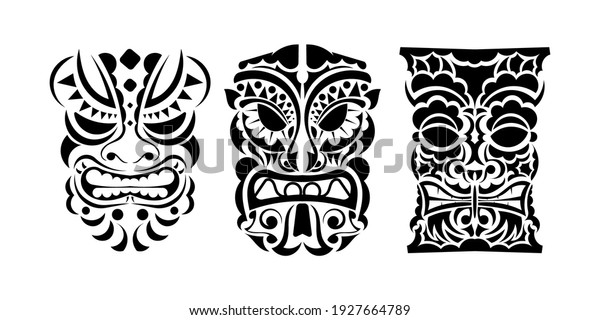 Set of tattoo faces or masks in\
ornament style of Polynesia, Maori or Hawaiian tribes. Vector\
