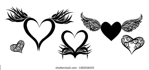 set tattoo heart pattern. Heart with wings. Vector