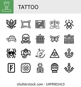 Set of tattoo icons such as Cobra, Eagle, Rune, Snake, Butterfly, Spider, Turtle, Skull, Macrame, Tattoo studio, Ganesha, Lizard, Freemasonry, Anchor, Cave painting, Tattoo artist ,