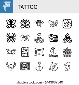 Set of tattoo icons such as Tattoo machine, Butterfly, Piercing, Cave painting, Spider, Swans, Skull, Paganism, Snake, Rune, Macrame, Anchor, Lizard, Seahorse , tattoo
