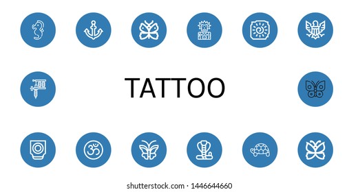 Set of tattoo icons such as Seahorse, Anchor, Butterfly, Punk, Cave painting, Eagle, Trackball, Om, Cobra, Turtle, Tattoo machine , tattoo