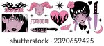 Set of tattoo line art stickers with anime girls, fire, flame, ram head, heart and other elements in trendy weirdcore manga retro Y2K kawaii style. Vector hand drawn print in black and white colors.