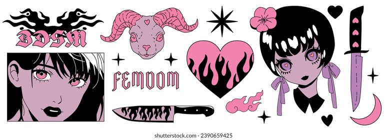 Set of tattoo line art stickers with anime girls, fire, flame, ram head, heart and other elements in trendy weirdcore manga retro Y2K kawaii style. Vector hand drawn print in black and white colors.