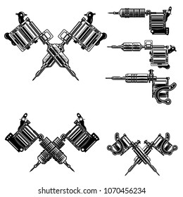 Set of tattoo machine illustrations. Design elements for tattoo studio decoration, logo, label, emblem, sign. Vector illustration