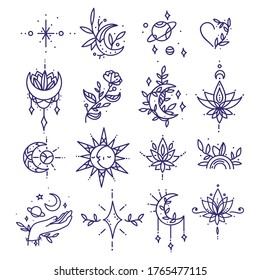 Set of tattoo in minimalism. Thin line shapes collection of space and nature symbols. Vector illustration in boho line style