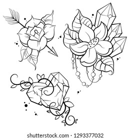 Set of tattoo on a white background. Vector illustration. Three tattoos with flowers. Feminine tattoos