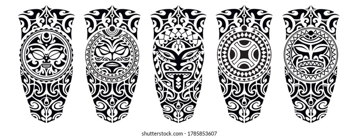 Set of tattoo sketch maori style for leg or shoulder with sun symbols face.