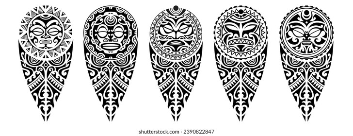 Set of tattoo sketch maori style for leg or shoulder with sun symbols face. Black and white.