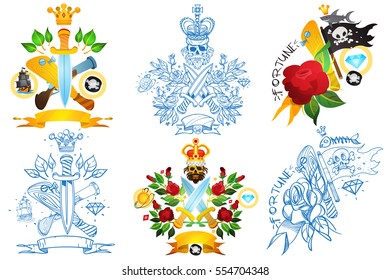 Set tattoo sketches with skulls, daggers and flowers. Pirate emblem design options. Illustrations for mobile applications, games, t-shirts and other items.