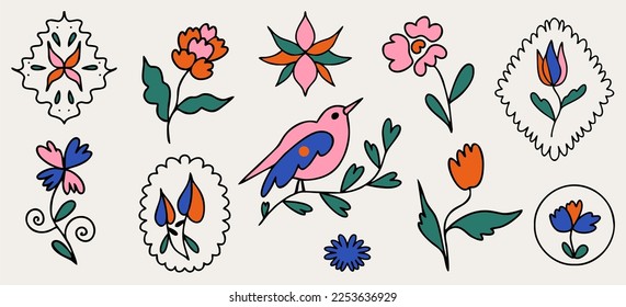 Set of tattoo stickers. Plants, tracery and animals. Vector floral illustration, sketch, icon, print for postcard and fabric.