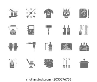 Set of Tattoo Studio Gray Icons. Tattoo Machine, Vaseline, Power Machine Supply, Disposable Razor, Rubber Gloves, Ink Bottles, Chair, Aftercare Bandage and more.
