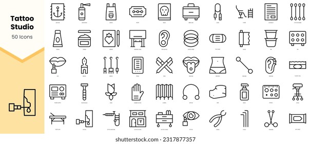 Set of tattoo studio Icons. Simple line art style icons pack. Vector illustration