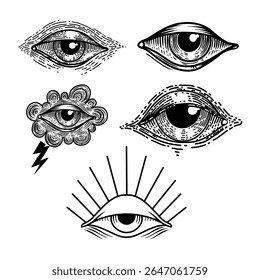 Set of tattoo style eyes. Eye of Providence. Masonic eyes symbols. Design element for logo, label, sign, poster, flyer. Vector illustration