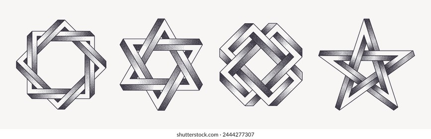 Set of tattoo style impossible shapes with stippled gradient. Vector illustration.