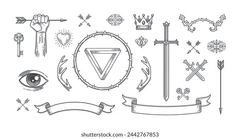 Set of tattoo style line art heraldic elements. Vector illustration.