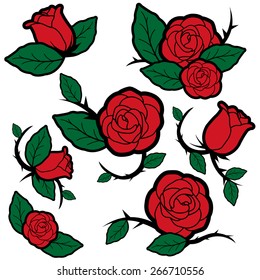Set of tattoo style roses and buds. Vector illustration