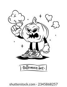Juego de caracteres vectores de tatuajes para halloween. Hermosas ilustraciones con personajes para camisetas. La calabaza malvada en las zapatillas de deporte atrapó una nube.