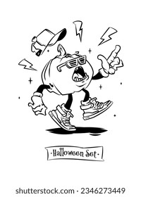 Set of tattoo vector characters for halloween. A cute pumpkin in sneakers, glasses and gloves dances and sings songs. Lightning flies next to the pumpkin.