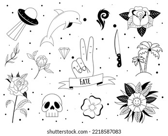 Set of tattoo in y2k, 1990s, 2000s style. Emo goth element design with knife, rose, flower, fire, skull. Old school tattoo. Vector illustration