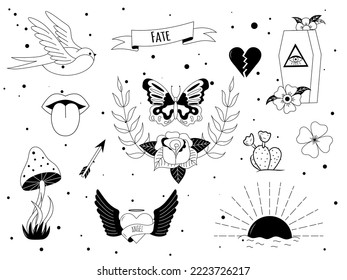 Set of tattoo in y2k, 1990s, 2000s style. Emo goth element design with broken hearts, rose, flower, butterfly, fire. Old school tattoo. Vector illustration