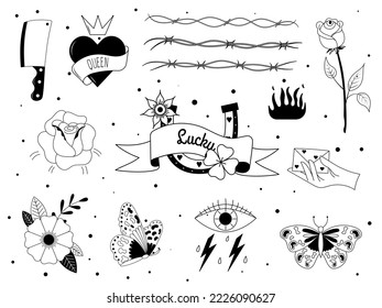 Set of tattoo in y2k, 1990s, 2000s style. Emo goth element design with flaming hearts, knife, rose, flower, butterfly, fire, skull. Old school tattoo. Vector illustration