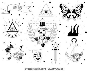 Set of tattoo in y2k, 1990s, 2000s style. Emo goth element design with knife, rose, flower, butterfly, fire. Old school tattoo. Vector illustration