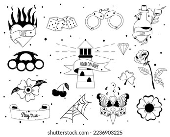 Set of tattoo in y2k, 1990s, 2000s style. Emo goth element design with flaming hearts, knife, rose, flower, butterfly, fire, skull. Old school tattoo. Vector illustration