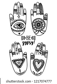 set of tattooed hands, doodle vector illustration