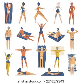 Conjunto de tatuajes para tomar el sol en la playa en ropa de baño. Hombres y mujeres descansando en el vector de caricaturas de las vacaciones de verano