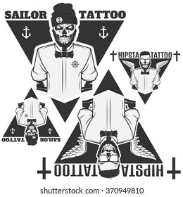 Set of tattooist skeleton masters,sailor and hipster tattoo salon