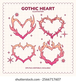 Set of tattoos heart and love symbols with pink gradient in gothic Y2K emocore style. Cute pink neo tribal tattoo, y2k, gothic, love illustration. Hearts with spikes in goth, punk, emo style.