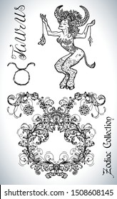 Set with Taurus zodiac sign and mascot drawing. Collection of astrological symbols in baroque victorian style and characters. Vector hand drawn illustration for Horoscope, Esoteric and Mystic design