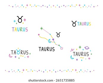Conjunto de cantos do zodíaco de Touro. Constelações coloridas de desenhos animados e letras cantam. Tatuagem de talismã de caneta de feltro desenhado à mão, logotipo, adesivo. Elemento isolado.