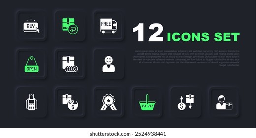 Set Tax cardboard box, Buyer, Item price tag with dollar, Shopping basket, Hanging sign text Open, Hot, Return and Stars rating icon. Vector