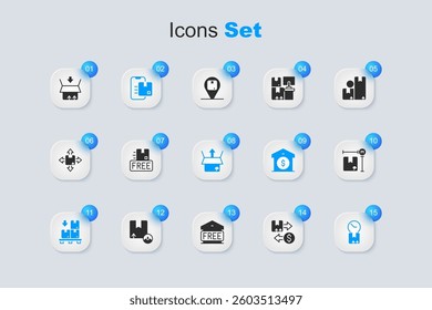 Set Tax cardboard box, Cardboard with free symbol, Document tracking marker, boxes on pallet, clock, measurement, Carton and Unboxing icon. Vector