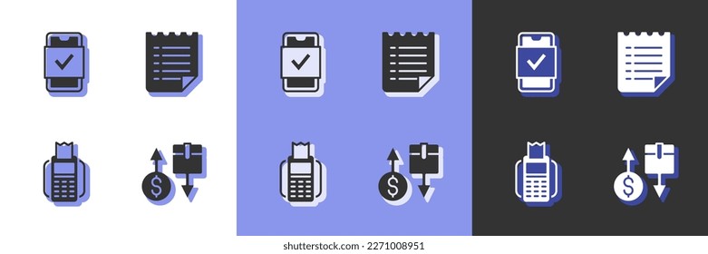 Set Tax cardboard box, Mobile shopping, POS terminal and Wish list template icon. Vector