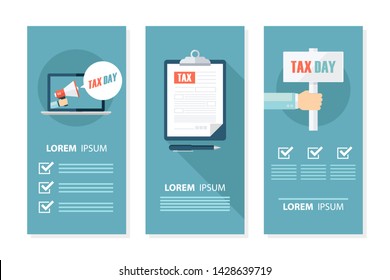 Set of Tax Day flyers with megaphone, laptop, tax form and signboard. State Government taxation. Flat design vector illustration.