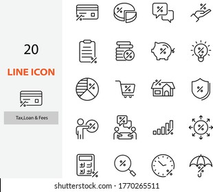 set of tax line icons, finance, money, percent, fee