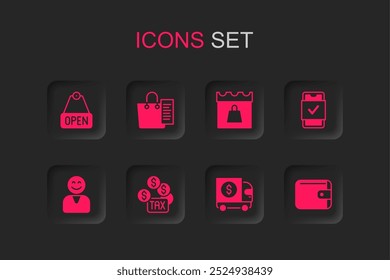 Set Tax payment, Shopping list, Hanging sign with text Open, Armored truck, Mobile shopping, Wallet, day and Happy customer icon. Vector