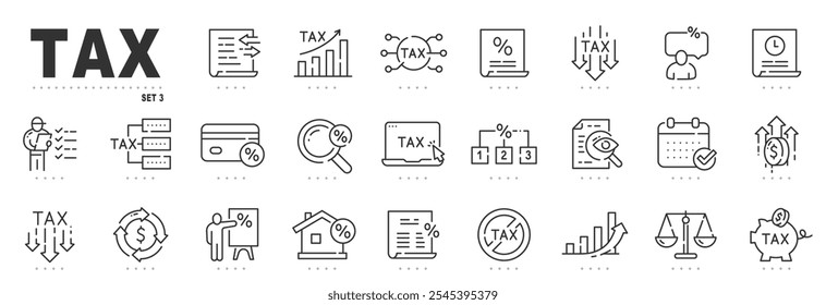 Set of tax related line icons. Payment, report, fee, percent etc. Editable stroke. Set 3