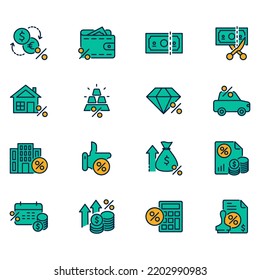 Set of tax related vector icons. Vector illustration of icons such as deductions, building tax, and more in full color editable flats. Perfect for template symbols, designs and more.