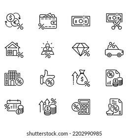 Set of tax related vector icons. Vector illustration of icons such as deductions, building tax, and more with editable black outlines. Perfect for template symbols, designs and more.